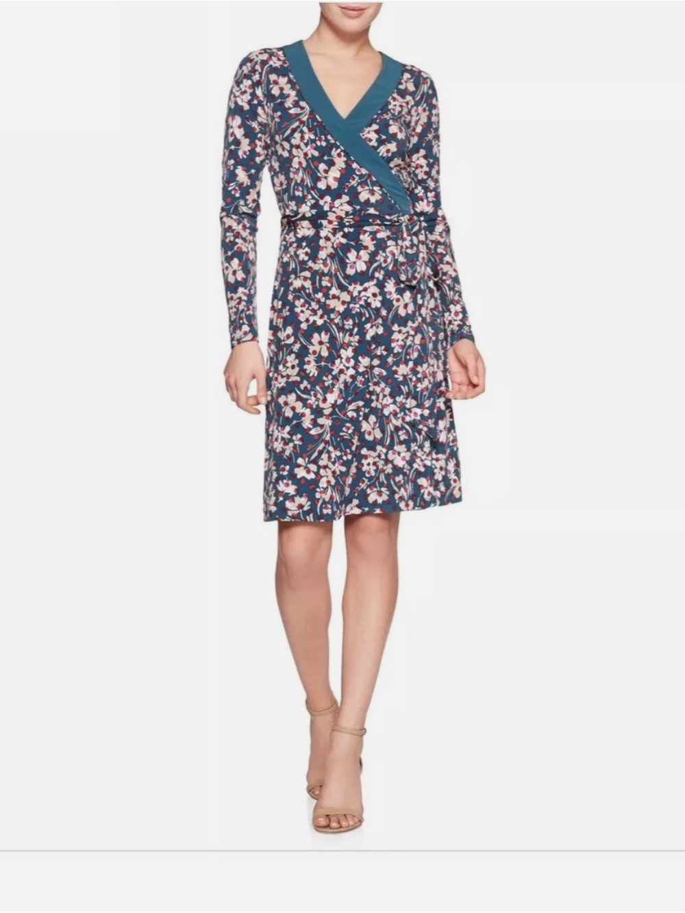 Banana Republic Navy Floral Long-Sleeve Wrap Dress with Red & White Accents